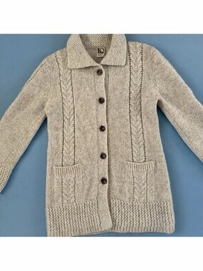 Vintage IQ‎ Mohair Wool Cardigan Cable Knit Tan Longline Collared Sweater